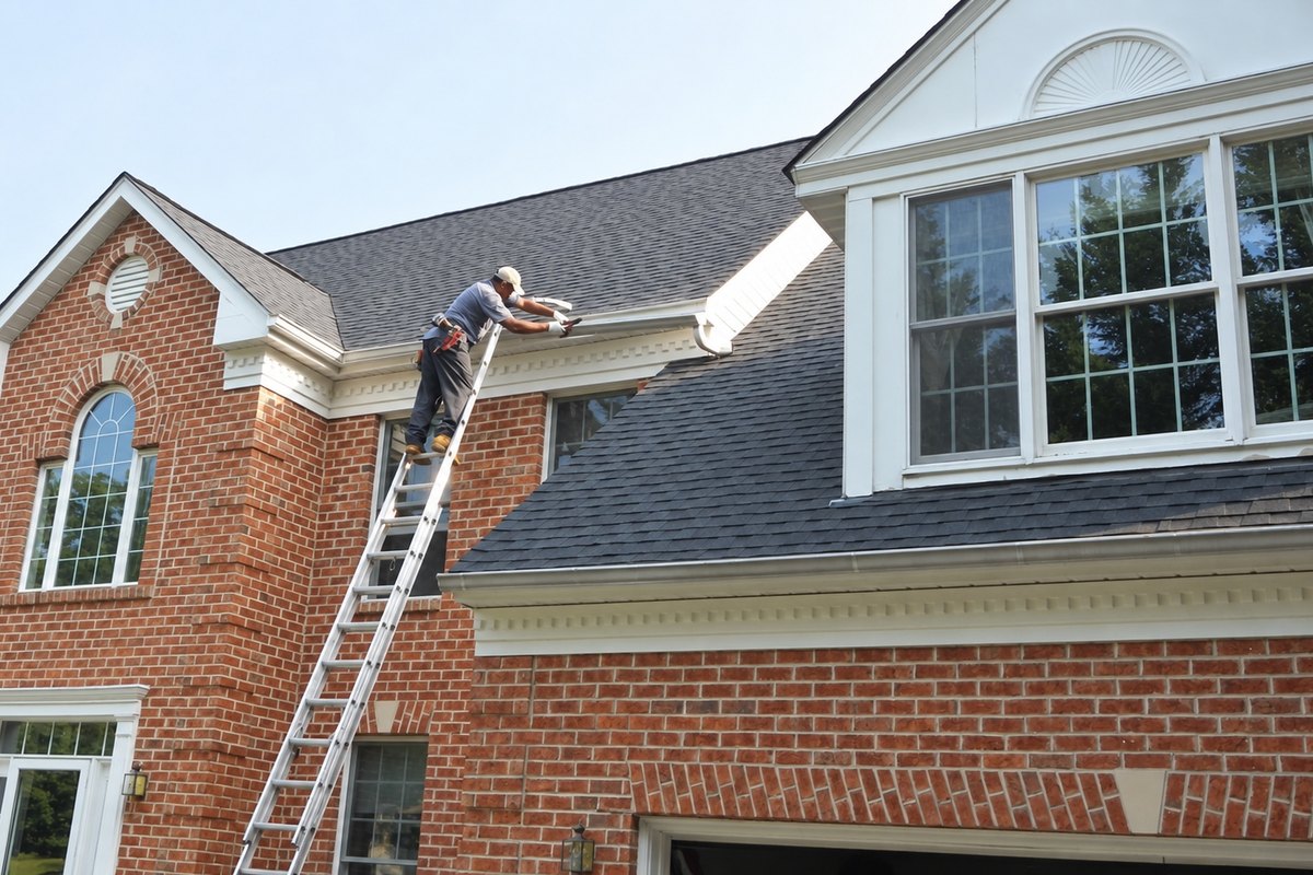 Worker on an aluminum ladder reaching over the white gutter at the roof edge of a red brick house