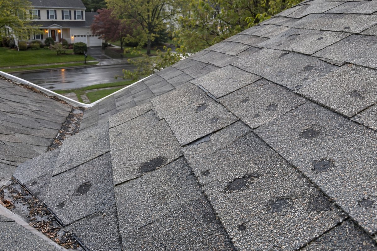 Gray asphalt shingle roof covered in round dark hail bruises where the granules were knocked off