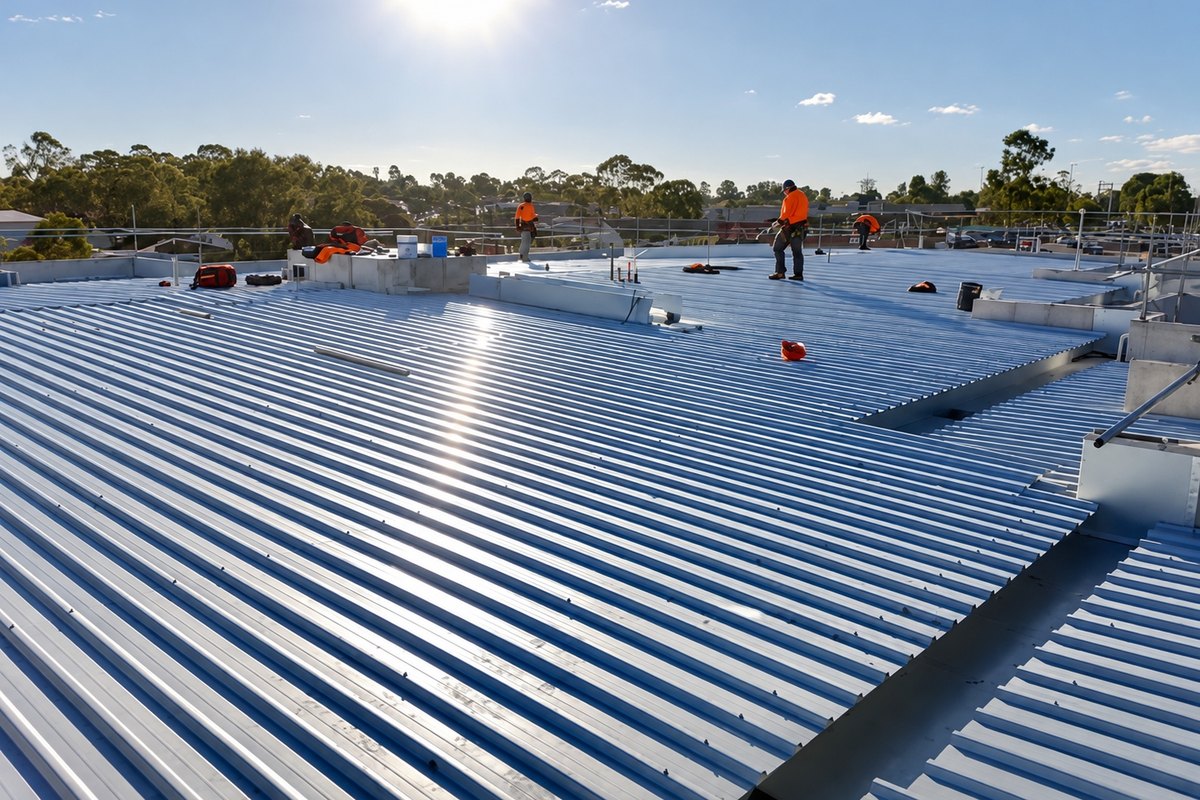 Commercial roof covered in corrugated blue-silver metal panels shining in low sun, workers in orange vests across the roof