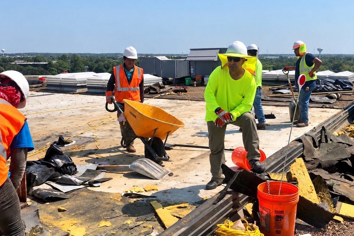 Roofers in hard hats on a flat commercial roof during a tear-off, with rooftop units behind