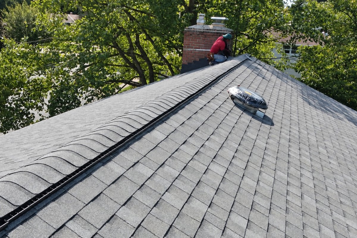Roofer kneeling beside a brick chimney at the far end of a new gray shingle ridge
