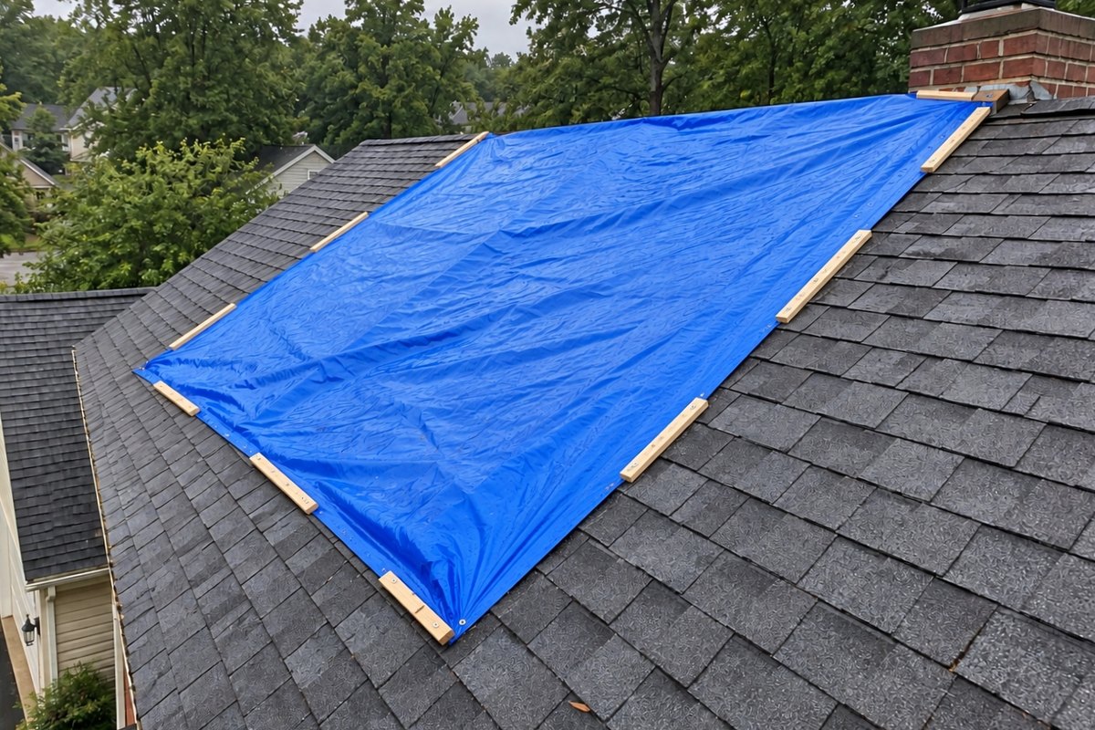 Blue tarp stretched over a section of a gray shingle roof below a brick chimney, held down by wood boards