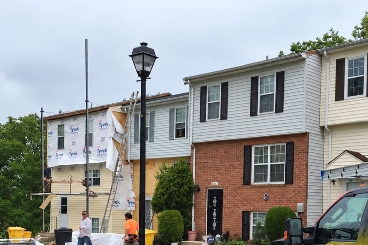 Townhome stripped to Tyvek housewrap for new siding beside neighbors with gray and cream vinyl siding