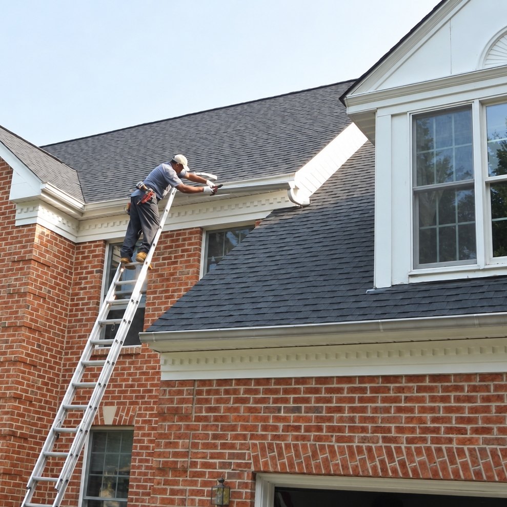 Roofer on a ladder at the edge of a new dark gray shingle roof on a red brick house
