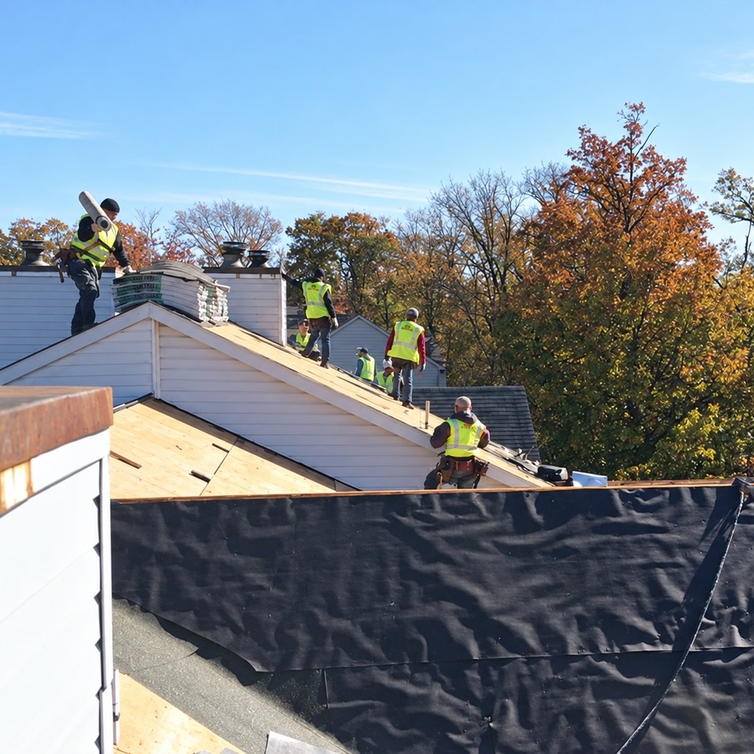 Crew of roofers working on a row of townhomes with the old roof stripped to boards