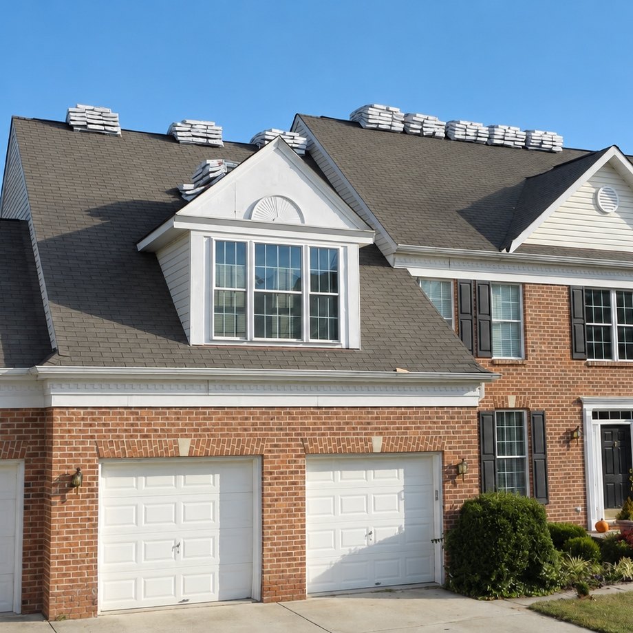 Red brick colonial with bundles of shingles staged on every ridge before a roof replacement