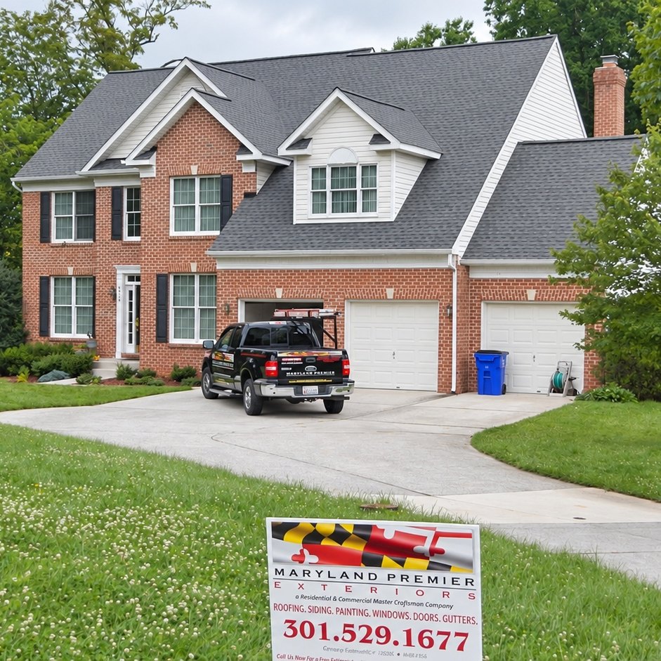 Finished brick colonial with a new gray shingle roof and a long concrete driveway