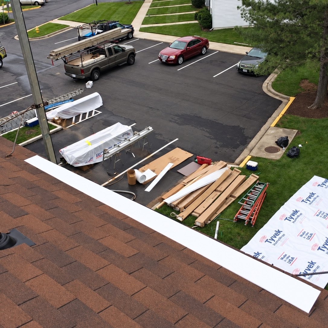 Looking down from a new shingle roof edge at an apartment parking lot with stacked materials and parked vehicles