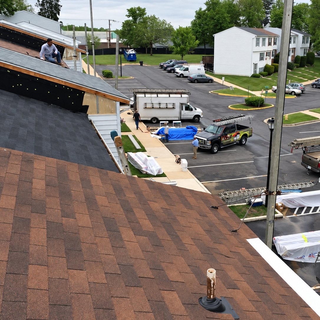 View across a townhome complex parking lot from a rust-brown shingle slope