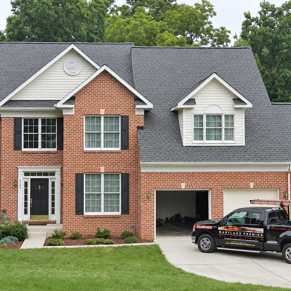 Red brick colonial house with a newly finished dark gray roof over several gables and a dormer