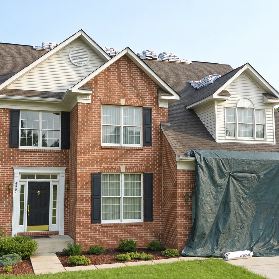 Brick colonial house with bundles of shingles on the roof and a roofer climbing a red ladder
