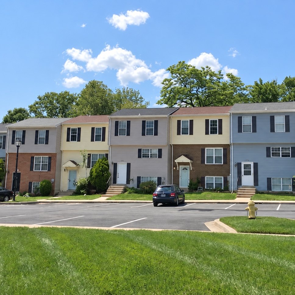Row of finished townhomes with vinyl siding in several colors, windows with shutters, and new shingle roofs